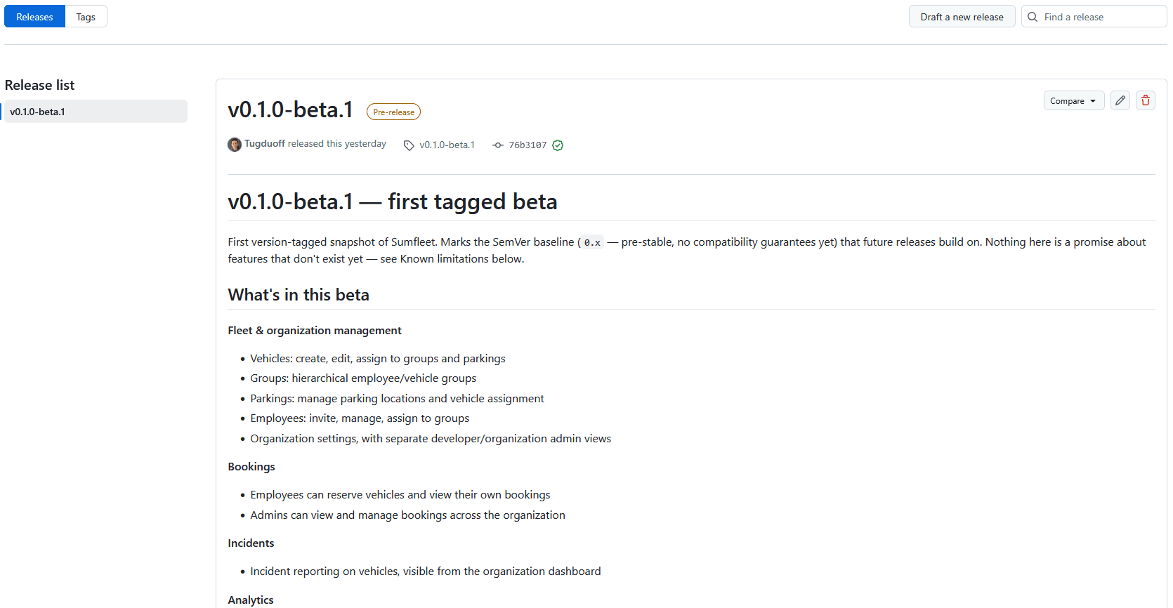 Page de release GitHub de SumFleet