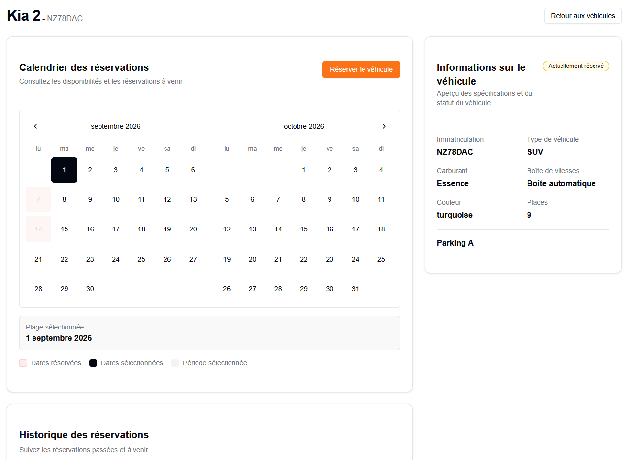 Détail du véhicule avec calendrier de réservation